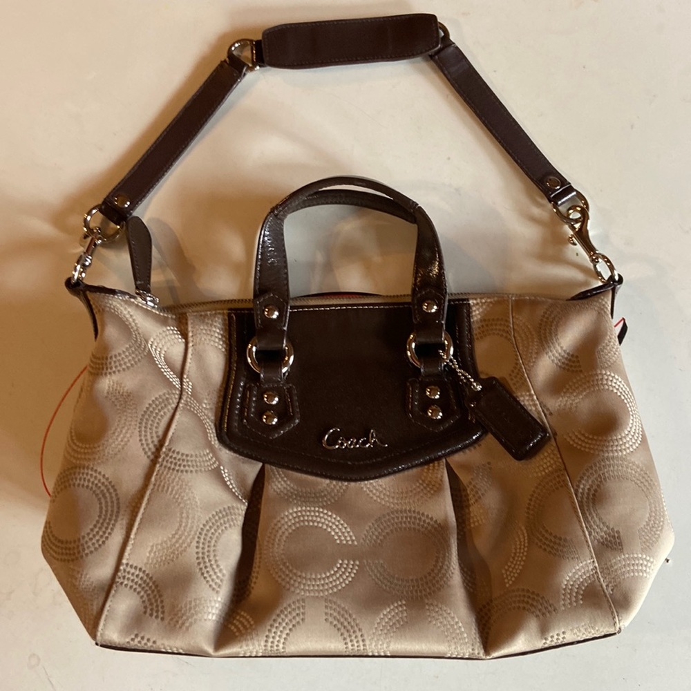 Coach handbag -csignature fabric with brown patent leather trim (gorgeous)